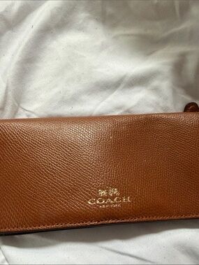 Coach Tan Pebbled Leather Zip Wallet with Gold Logo